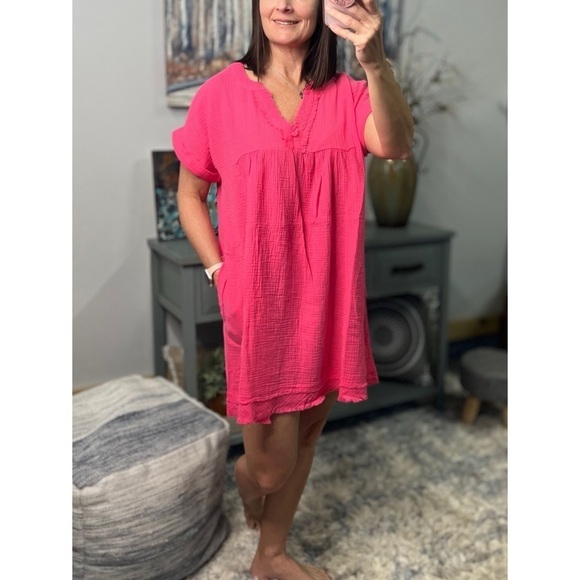 Dresses & Skirts - Gauze V Neck A Line Rolled Short Sleeve Pockets Cotton Raw Edge Dress Pink 0223